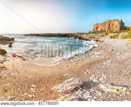 Stunning Seascape Of Isolidda Beach Near San Vito Cape. Popular Travel Destination Of Monte Cofano N