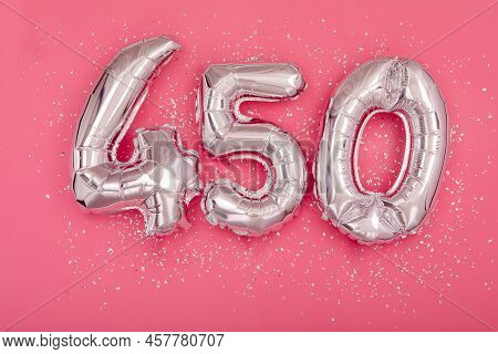 Silver Balloon Showing Number 450 Four Hundred And Fifty Pink Background