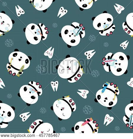 Kawaii Panda Kids Dental Health Care Vector Educational Seamless Pattern Background. Cute Cartoon Be