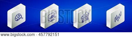 Set Isometric Line Search Globe, Pie Chart Infographic, Coal Mine Trolley And Browser With Stocks Ma