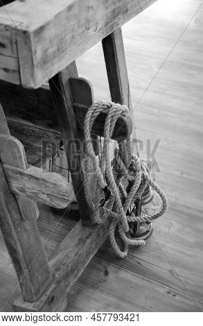 An Old Wooden Workbench, Workbench In A Workshop.