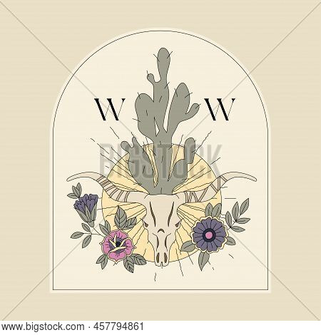 Cow Skull With Monogram, Cactus And Flowers Vector Illustration. Editable Stroke. Macabre Or Postmor