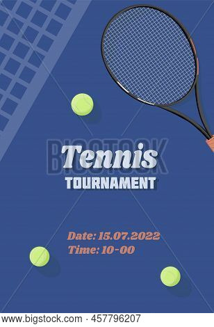 Vertical Tennis Championship And Tournament Poster. Indoor, Outdoor, Navy Blue, Racket, Court. Close