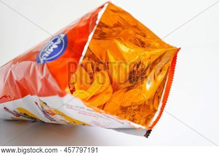 Potato Chips In Open Bag, Delicious Bbq Seasoning Spicy For Crips, Thin Slice Deep Fried Snack Fast 