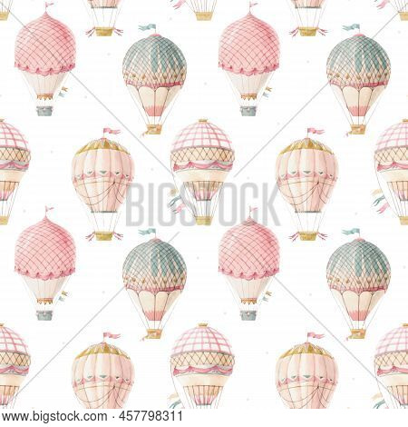 Beautiful Vector Seamless Pattern With Cute Watercolor Hand Drawn Retro Vintage Air Balloons With Fl