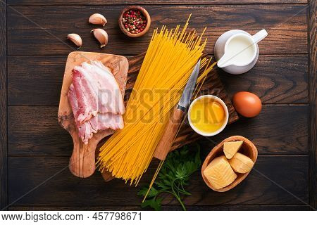 Ingredients For Pasta Carbonara. Traidtional Italian Pasta Carbonara Ingredients Bacon, Spaghetti, P