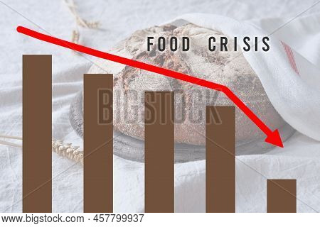 Text Food Crisis On Background With Loaf Of Dark Bread On Wood With Linen Towel. Crisis Graph With N