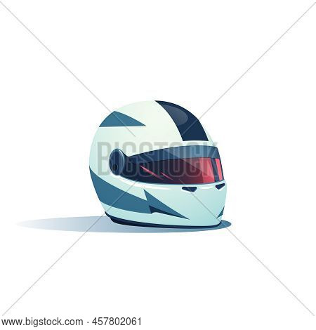 White Racing Helmet With Blue Graphic Elements And A Red Visor Is Isolated On A White Background. Ve