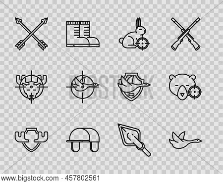 Set Line Moose Horns On Shield, Flying Duck, Hunt Rabbit With Crosshairs, Hunter Hat, Crossed Arrows