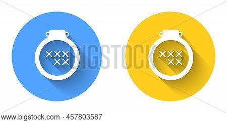 White Round Adjustable Embroidery Hoop Icon Isolated With Long Shadow Background. Thread And Needle 