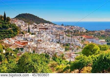 Beautiful Arial View On Famous White Spanish Village Frigiliana, Andalusia, Spain