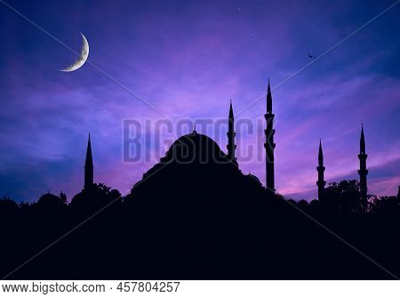 Mosques Dome On Dark Blue Twilight Sky And Crescent Moon On Background, Symbol Islamic Religion Rama