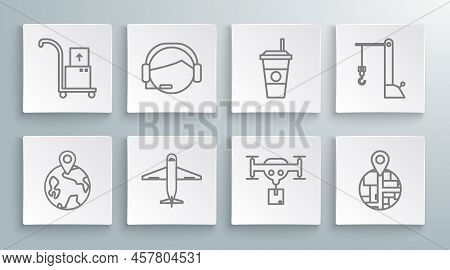 Set Line Worldwide, Support Operator In Touch, Plane, Delivery Drone With The Package, Coffee Cup, H