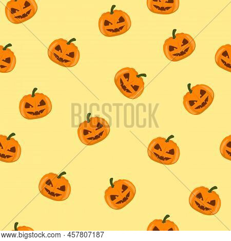 Halloween Seamless Pattern With Pumpkins On Orange Background. Vector Illustration