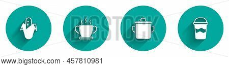 Set Corn, Bowl Of Hot Soup, Cooking Pot And Coffee Cup To Go Icon With Long Shadow. Vector