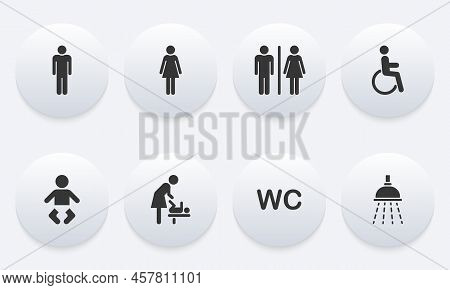 Set Of Toilet Silhouette Icon. Mother And Baby Room Icon. Wc Sign On Door For Public Toilet. Sign Of