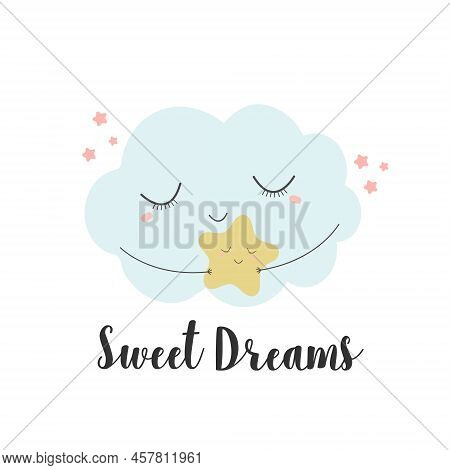 Sweet Dreams. Nursery Cute Drawn Cloud And Stars. Print With Blue Hite Cloud On A White Background.v