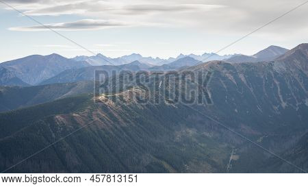 Alpine Landscape With Mountain Ridgelines, Peaks And Forest In Autumn Colors, Slovakia, Europe.