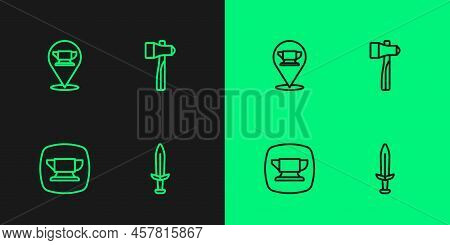 Set Line Medieval Sword, Blacksmith Anvil Tool, And Hammer Icon. Vector
