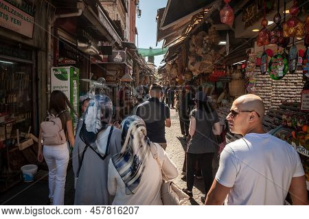 Istanbul, Turkey - May 21, 2022: Selective Blur On Two Women Wearing Islamic Veil Scarf Onhasircilar