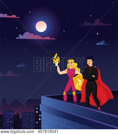 Superhero Background. Comic City With Woman And Man Superhero Silhouettes, Night Couple From Comicbo