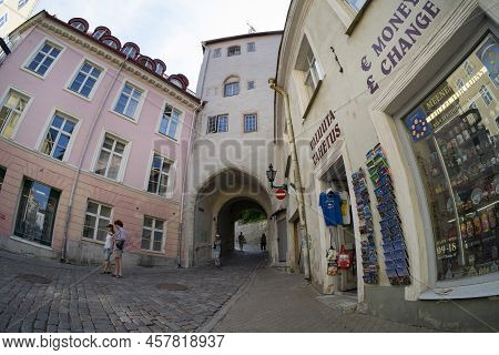 Tallinn, Estonia. July 2022. Panoramic View Of The Long Leg Gate Tower In Thr City Center