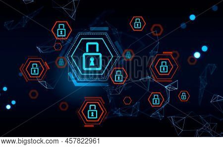 Security Lock Chain And Worldwide Connection Hologram. Cyberattack, Cybersecurity And Data Protectio