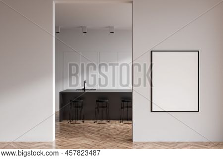 Front View On Bright Kitchen Room Interior With Island, Empty White Poster, Barstools, White Wall, H
