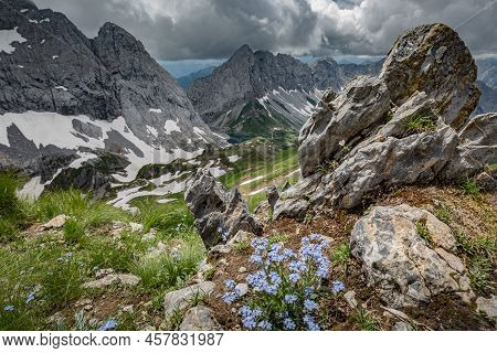 Between Italy And Austria: On The Top Of Mountain Near Volaia Lake Raunchkofer Mountain (lago Di Vol