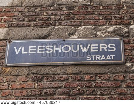 Street Name In Antwerp, Belgium With Inscription Vleeshouwers Straat Which Means The Street Where Th