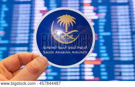 December 11, 2021, Jeddah, Saudi Arabia. The Emblem Of Saudi Arabian Airlines Against The Background