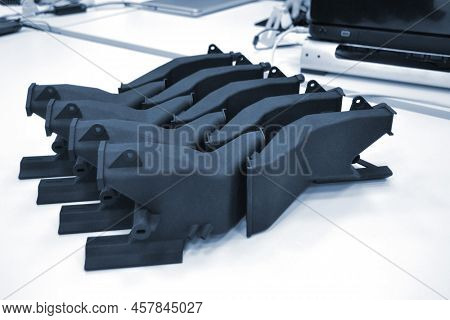 Black Model Printed On 3d Printer In Laboratory Office. Object Printed On 3d Printer From Plastic Cl