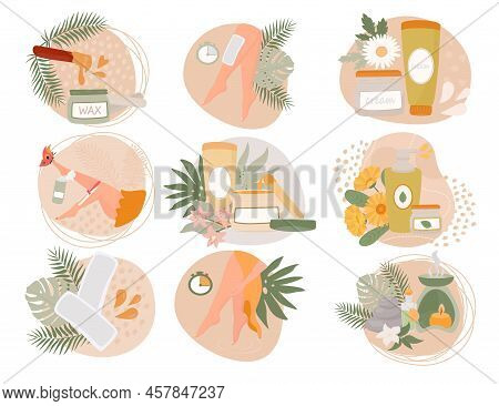 Set Vector Illustration For Beauty Industry And Cosmetology, Spa Salona. Professional Cosmetics Trea