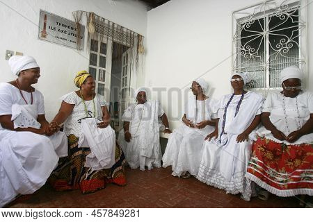 Salvador, Bahia, Brazil - February 12, 2016: Candomble Member During A Religious Meeting In The City