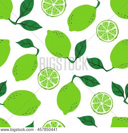 Tropical Seamless Pattern With Green Limes And Lime Slices. Hand Drawn Lemes Pattern On White Backgr
