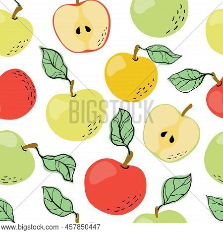 Seamless Pattern With Yellow, Red And Green Apples And Apple Slices. Hand Drawn Apples Pattern On Wh