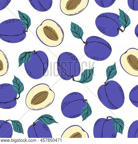 Tropical Seamless Pattern With Violet Plums And Plum Slices. Hand Drawn Fruits Plum Pattern On White