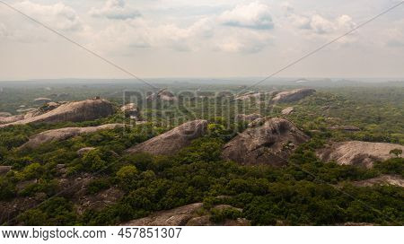 Aerial Drone Of Green Forest With Tropical Vegetation And Rock Formations. National Park.sri Lanka.