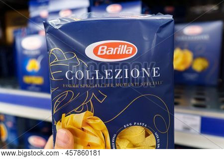 Tyumen, Russia-april 13, 2022: Barilla On A Supermarket Shelf. The Barilla Group Produces Several Ki