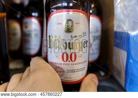 Tyumen, Russia-may 08, 2022: Bottle Of Beer Bitburger Non Alcoholic Beer. Bitburger Is A German Comp