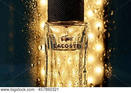 Tyumen, Russia-june 15, 2022: Lacoste Logo Close Up Perfume Bottle. Lacoste Is A French Clothing Com