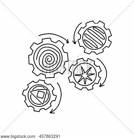Gear Mechanism In Doodle Style. Icon For Business Idea, Teamwork. Vector Illustration Isolated In Wh