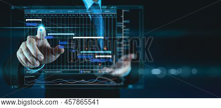 Businessman Hand Project Manager Working And Update Tasks With Milestones Progress Planning And Gant