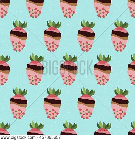 Seamless Pattern With Strawberry In Pink Glaze, Sprinkle On Blue Background. Vector, Flat
