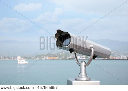 Metal Tower Viewer Installed Near Sea, Space For Text. Mounted Binoculars