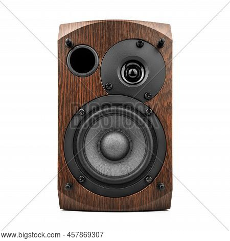 Music Speakers On White Background. Audio Technica. Bookshelf Speaker System For Home Entertainment.