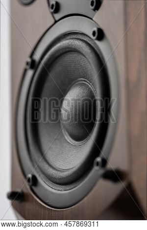 Music Speakers On White Background. Audio Technica. Bookshelf Speaker System For Home Entertainment.