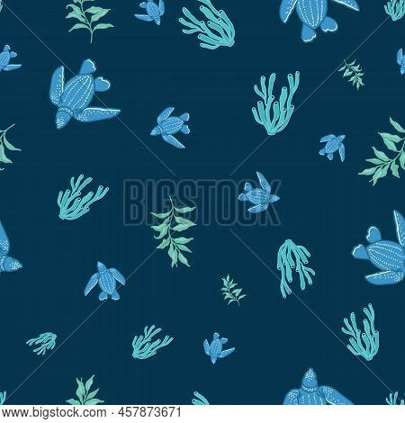 Vector Seamless Pattern With Decorative Ocean Turtles Coral And Sea Plants. Isolated On A Darkblue B