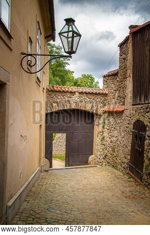Historical Circular Path Along The City Wall Of Telc In Czechia With Wooden Gate And Small Passage D