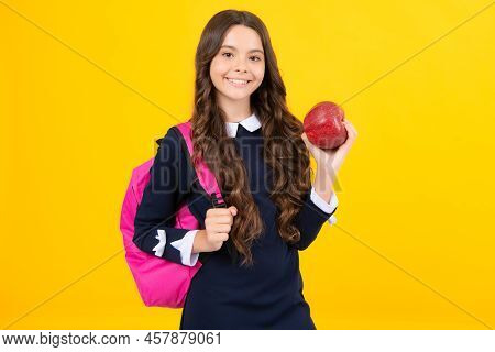 Back To School. Teenager School Girl With Backpack Hold Aplle Ready To Learn. School Children With S